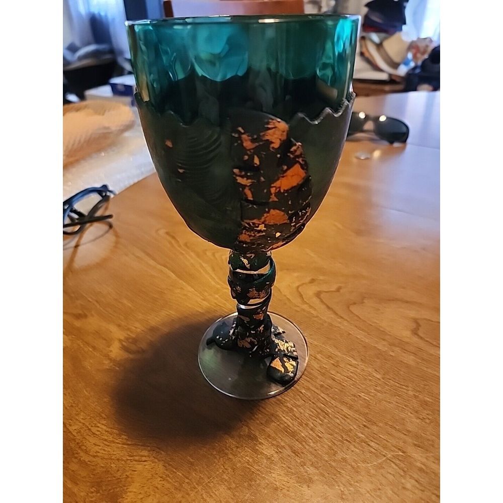 Hand Made Decorated Wine Glass, Green Leaf Midevil Look